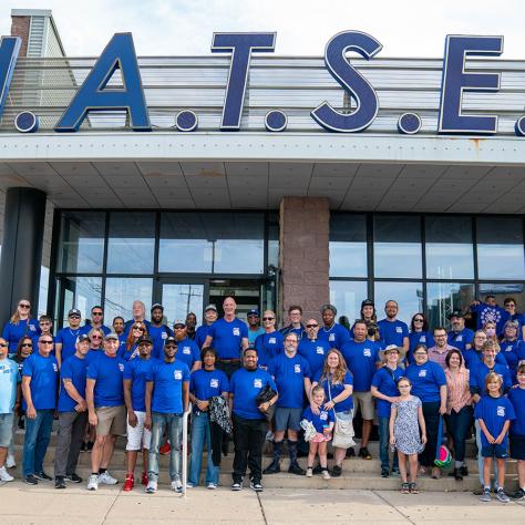 Group photo in front of the IATSE building. 