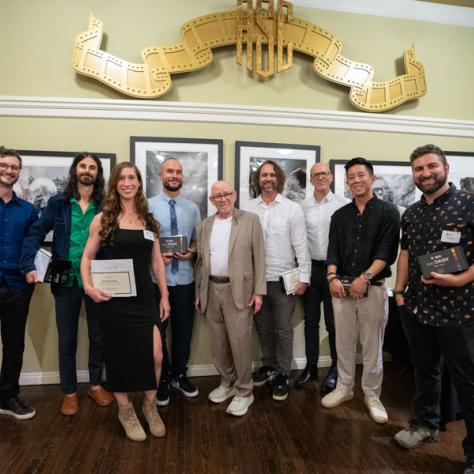 Honorees Dominic Bartolone, Jessica Hershatter, Andrew Trost, Dylan Trivette, Adam Carboni, Matthew Halla, Allen Ho, and Nick Mahar with ASC Mentor Award recipient M. David Mullen, ASC (middle).