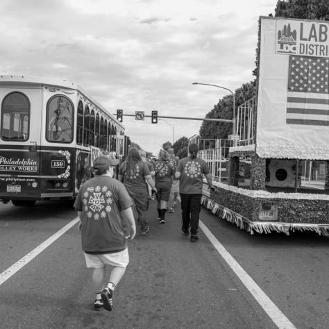 Parade, black and white photo.