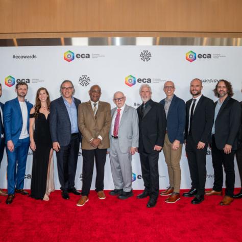 2024 Emerging Cinematographer Awards honorees (L-R) Adam Carboni, Nick Mahar, Andrew Trost, Jessica Hershatter, Distinguished Filmmaker Award recipient Rodrigo Prieto, ASC, AMC, Local 600 National President Baird B Steptoe, ECA Co-Chairs Steven Poster, ASC, and Jimmy Matlosz, with Emerging Cinematographer Awards honorees Dylan Trivette, Matthew Halla, Dominic Bartolone, and Allen Ho, and Local 600 National Executive Director Alex Tonisson.