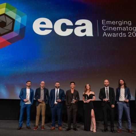 2024 Emerging Cinematographer Awards honorees Andrew Trost, Dylan Trivette, Nick Mahar, Allen Ho, Jessica Hershatter, Matthew Halla, Adam Carboni, and Dominic Bartolone.