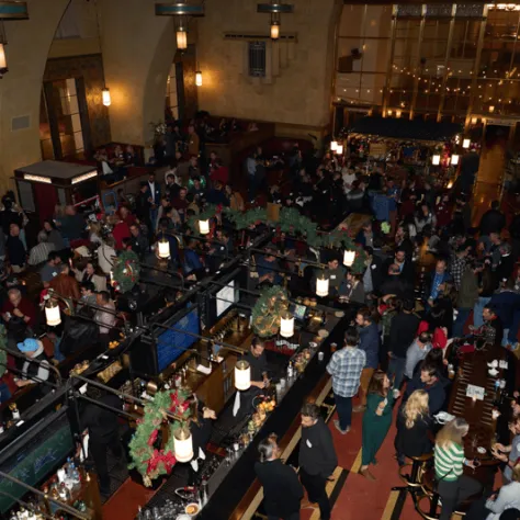 Arial view of party venue with partygoers. 