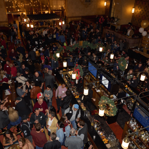 Arial view of party venue with partygoers. 