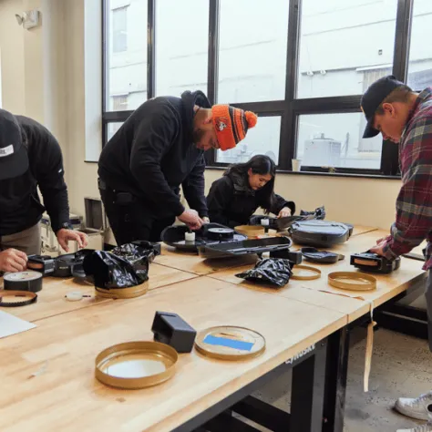 People at table working with film. 