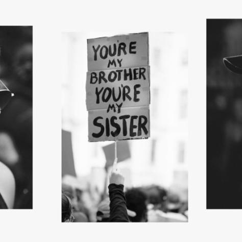 Black and white photos of two people and sign in the air. 