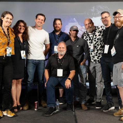 "The Bear" (Hulu) panel. (L-R) Colette Gabriel (General Manager at Keslow Camera), Zoe Borys (moderator), Andrew Wehde (Director of Photography), Sam Knapp (1st AC), Gary Malouf (Operator), Chris Dame (Operator), Jeremy Long (Gaffer), Dave Wagenaar (Key Grip). Seated is Tom Zimmerman (DIT).