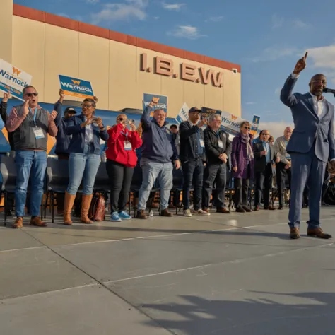 Man speaking into mic with people standing behind him. 