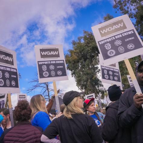 People at rally holding picket signs up. 