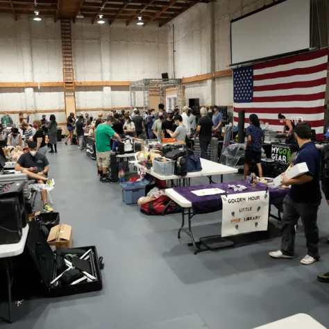 View of indoor yard sale. 