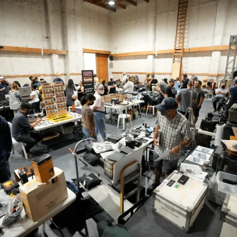 View of indoor yard sale. 