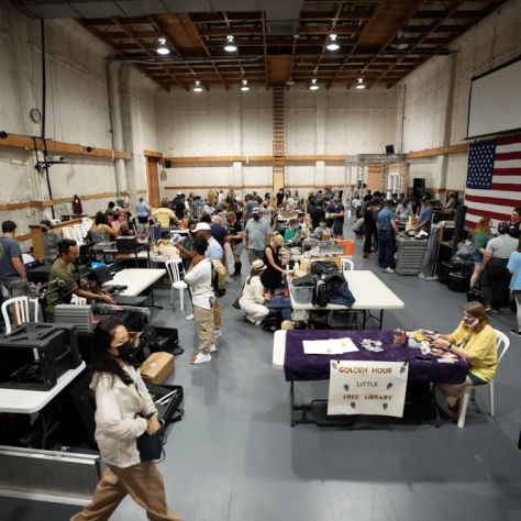 View of indoor yard sale. 