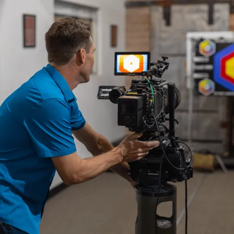 Man in blue shirt behind a camera. 