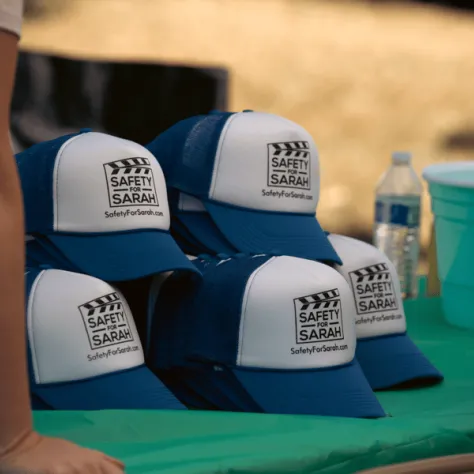 Hats on a table. 