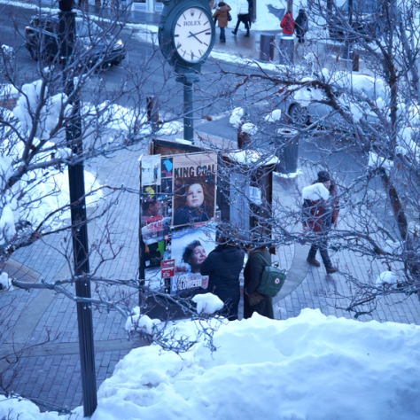 View of snow outside from window. 