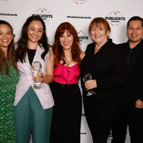 59th Annual ICG Publicists Awards -- Pictured: Sarah Carragher (second from right), recipient of the Maxwell Weinberg Television Publicity Campaign Award for "Ted Lasso" with her team, presenter Lisa Ann Walter (center) -- (Photo by: Trae Patton)